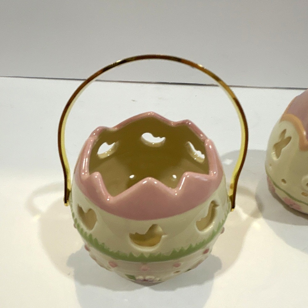 Lenox Floral Ceramic Basket Bowl w/ Gold Tone Handle, Pink Trim, Heart Cutouts